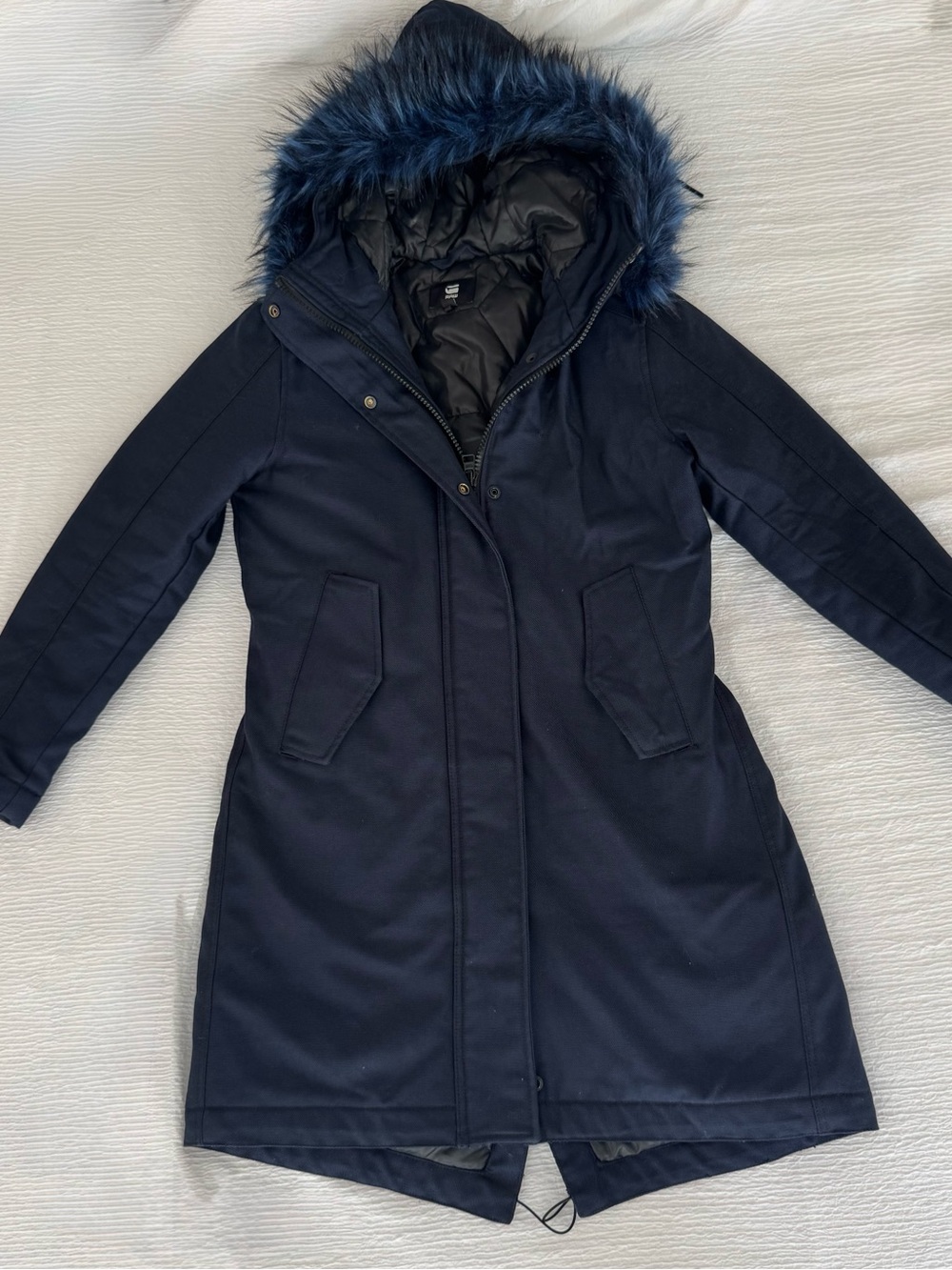 G-Star RAW Long Hooded Parka — Faux Fur Trim, Navy, Size S